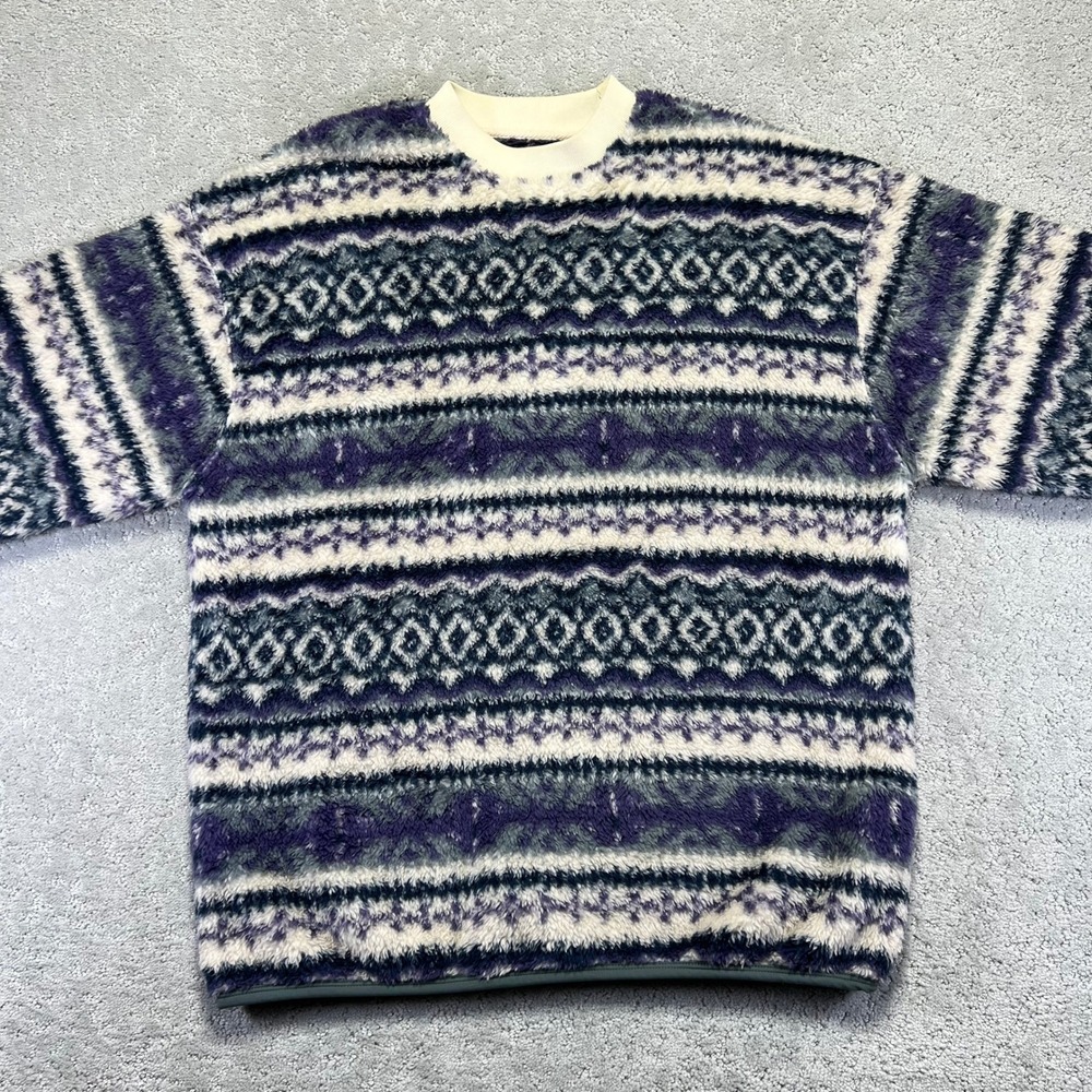 Beams Fleece Pullover Sweater Size Large Nordic Fair Isle Striped Crewneck Japan - Picture 2 of 14